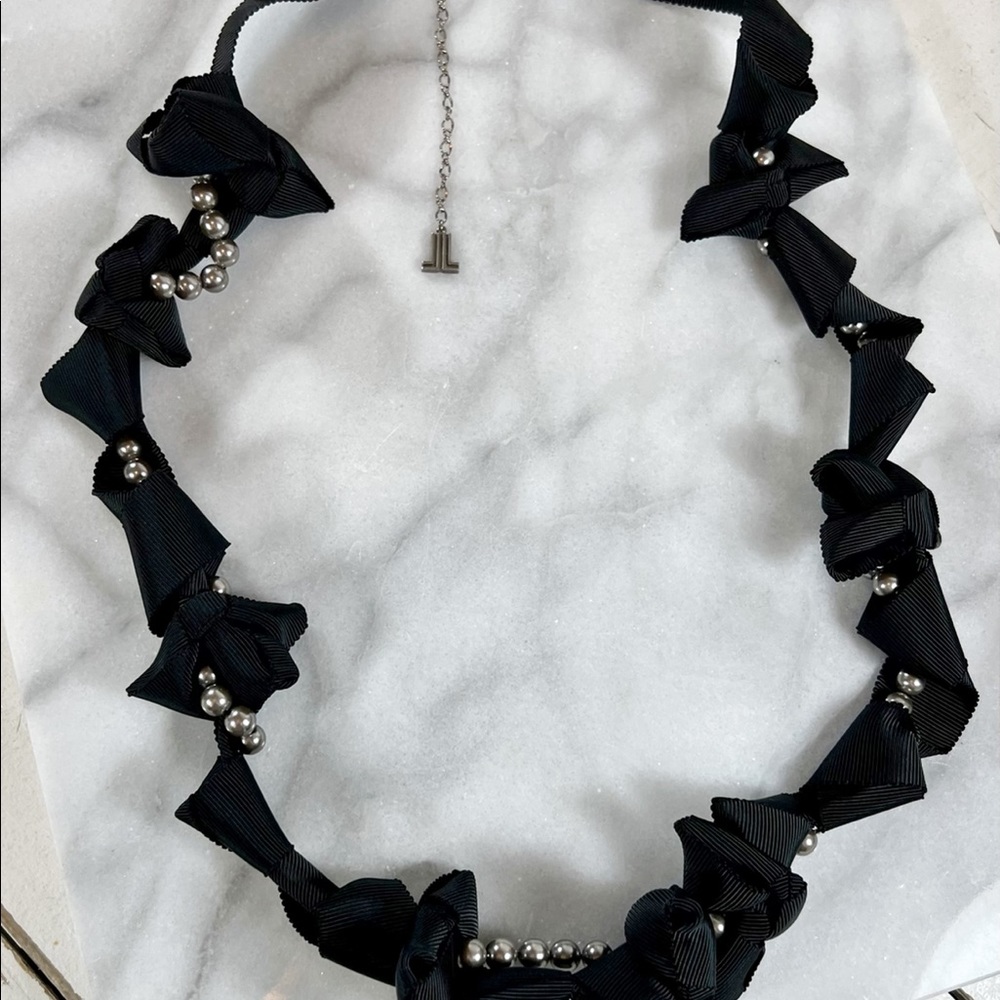 Lanvin Couture Black Silk Ribbon Beaded Long Necklace - Picture 4 of 6